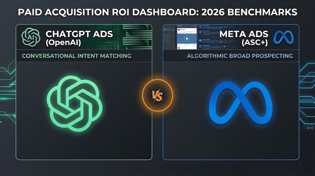 Performance dashboard comparing ChatGPT Ads conversational context metrics against Meta Ads social campaign ROI.