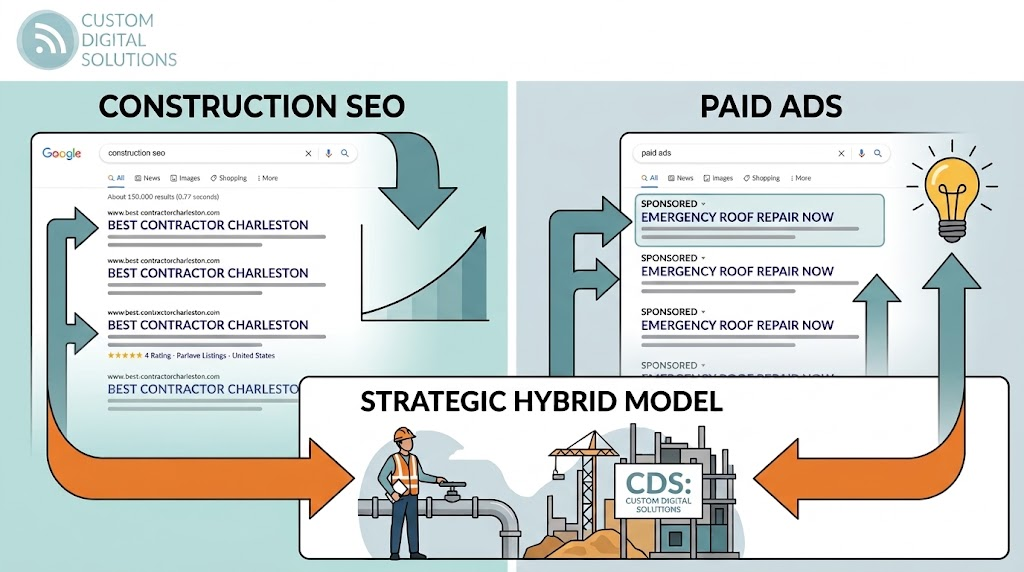 Split-screen graphic comparing construction SEO organic search results and paid Google Ads for contractor lead generation
